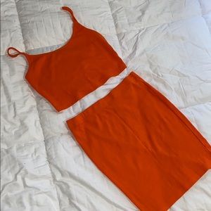 Two piece orange ribbed body con